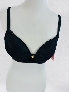 Juicy Couture sexy push up‎ black lace bra with gold heart 36C New